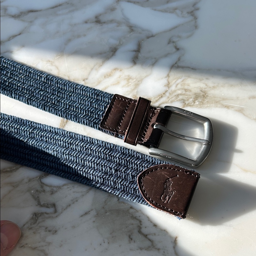 POLO Men's Blue Woven Belt with Brown Leather Accents